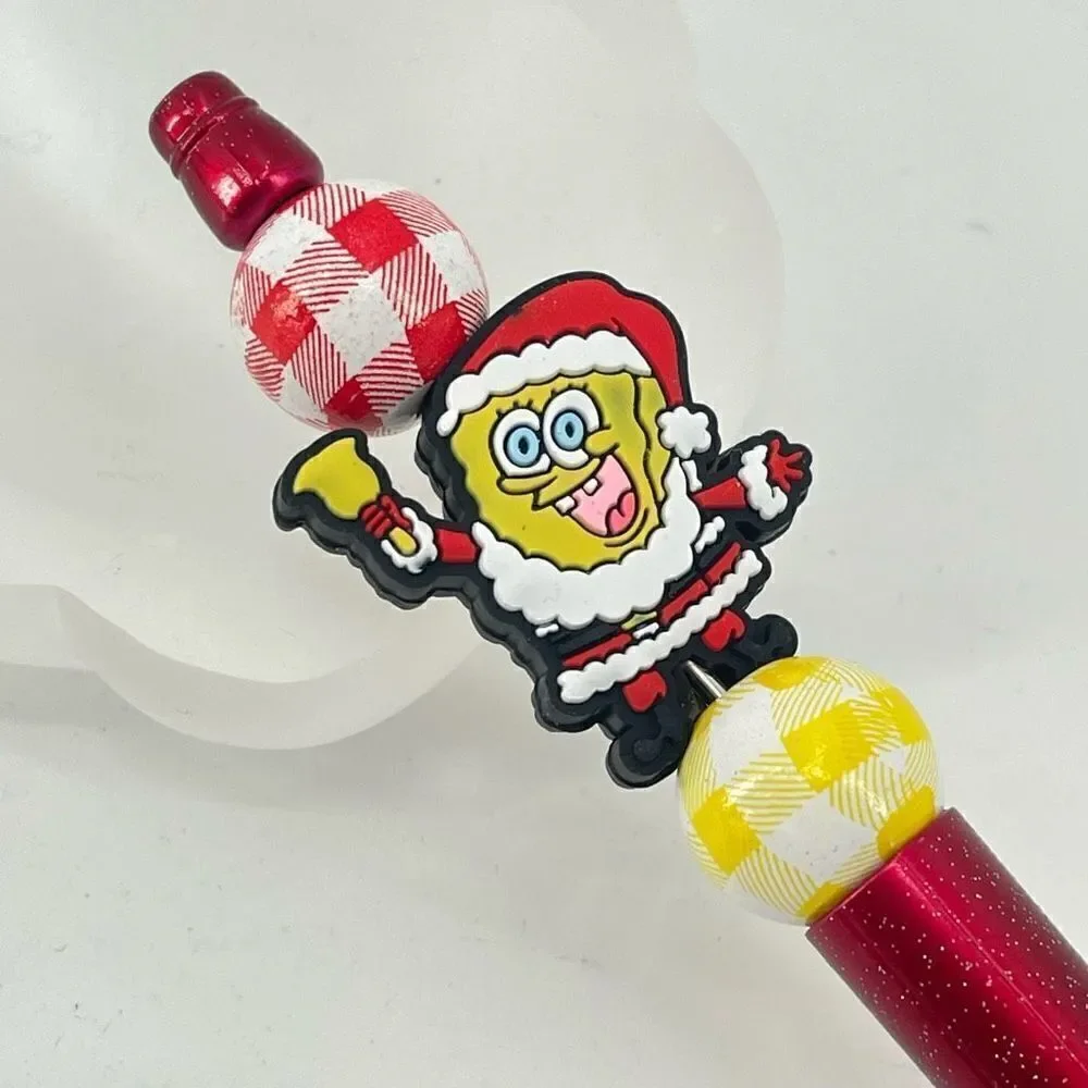 SpongeBob Christmas Santa pen handmade NEW bell yellow red glitter metallic whit